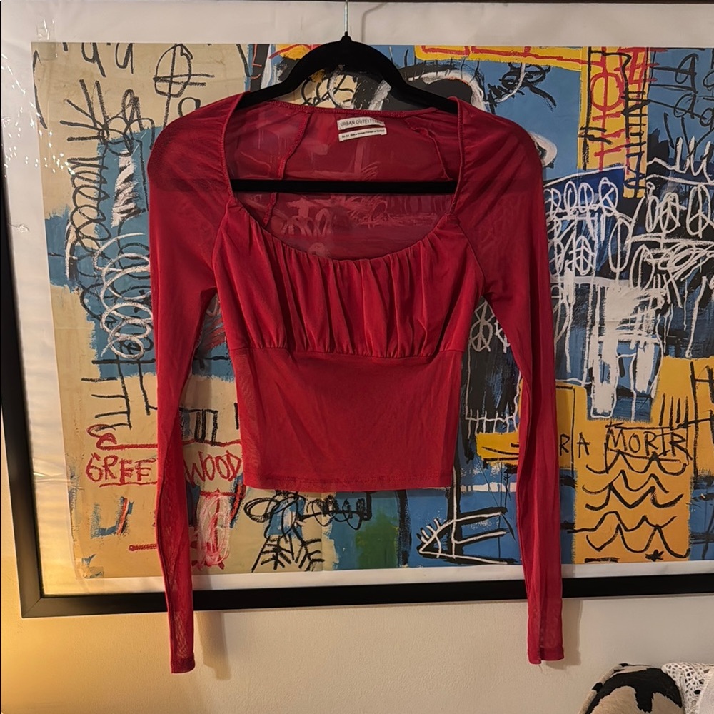 Red Long Sleeve Sheer Women's Top